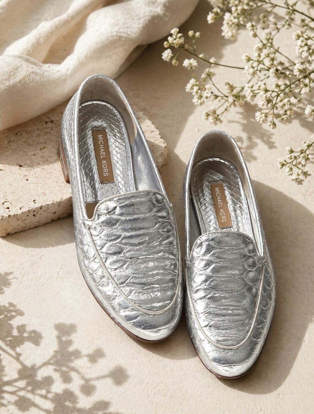 Michael Kors Silver Embossed Stacked Heel Italian sole Minimalist Flat 37 Us 7